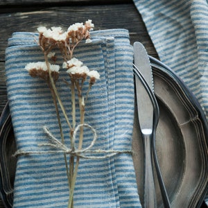 Blue Ticking linen napkins, softened linen napkins, cloth napkins, reusable linen napkins, 18x18 inch size napkins, NATURAL/BLUE image 1