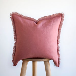 Antique Pink PILLOW COVER, fringe linen pillowcase, pink raw edge cushion cover, custom size pillow cover, fringe pillow covers