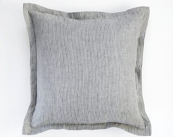 Striped Linen Pillow Cover: Farmhouse Ticking Cushion, Custom Size