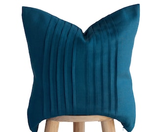 Decorative Blue Linen Pillow Cover with Hidden Zipper and Ticking Lines - Decorative Home Accent for living room
