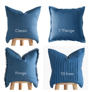 Blue Linen Pillow Cover with Hidden Zipper Decorative Square Pillowcase Handmade Ticking Lines Design image 1