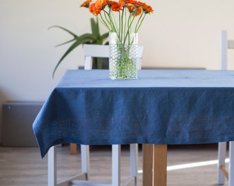 Blue softened linen tablecloth, natural blue linen table decor, custom size and many colors