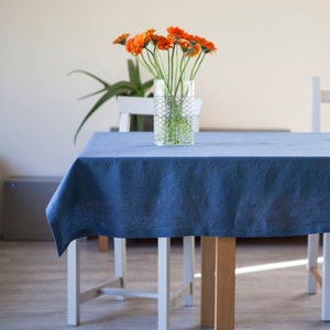 Blue softened linen tablecloth, natural blue linen table decor, custom size and many colors