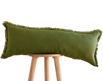 Long green lumbar PILLOW COVER, linen lumbar fringe edge pillowcase, custom size - Handmade