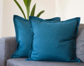 Teal throw pillow covers set of 2 from linen with 1 inch flange around from pure linen fabric