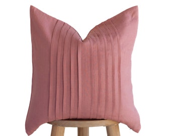 Cojín rosa, líneas de tictac hechas a mano CUBIERTA DE ALMOHADA en tamaño personalizado con cremallera oculta, 100 por ciento lino