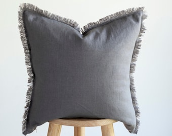 Gray fringe PILLOW COVER, linen pillowcase, grey raw edge cushion cover, custom size pillow cover, decorative pillow - Housewarming gift