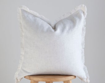 White fringe PILLOW COVER, linen pillowcase, white raw edge cushion cover, custom size pillow cover, white square pillow cover