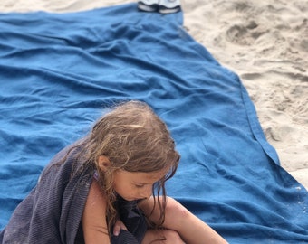 Narzuta na koc, Duży koc plażowy, Ręcznik plażowy, lniany koc plażowy, niebieski lniany koc