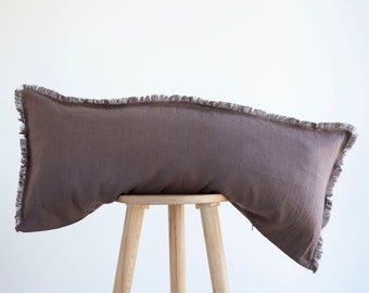 Taupe lumbar pillow COVER, taupe long lumbar cover, Fringe edge pillow cover, custom size lumbar, lumbar cover available in 14x36 inch size