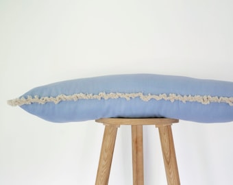 Blue long lumbar throw pillow cover with cotton cream fringe edge | bed or room decor cushion cover | blue decor | handmade