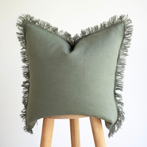 Sage Green Linen Pillow Cover: Long Fringe Edge, Boho Decor