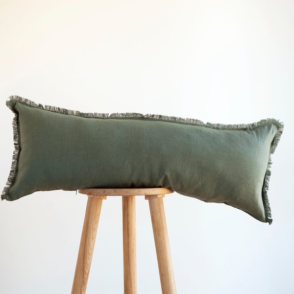 Long green lumbar pillow, sage green lumbar throw pillow, Raw edge long lumbar may in custom size. Lumbar cushion, COVER ONLY.