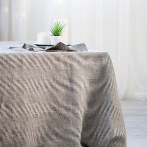 Ticking stripe tablecloth, Natural farmhouse style tablecloth, Linen long tablecloth, softened linen table cloth, rustic linen tablecloth