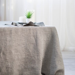 Ticking stripe tablecloth, Natural farmhouse style tablecloth, Linen long tablecloth, softened linen table cloth, rustic linen tablecloth image 1