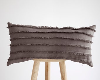 Fringe lumbar PILLOW COVER, taupe fringed lines style, custom size handmade pillow for home decor - natural linen pillow