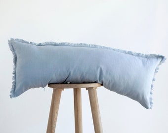 Long lumbar pillow, Blue lumbar pillow, lumbar throw pillow cover, BLUE linen lumbar pillow, fringe style pillow, COVER ONLY