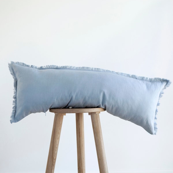 Long lumbar pillow, Blue lumbar pillow, lumbar throw pillow cover, BLUE linen lumbar pillow, fringe style pillow, COVER ONLY