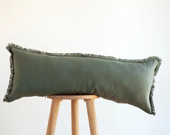 Long green lumbar pillow, sage green lumbar throw pillow, Raw edge long lumbar may in custom size. Lumbar cushion, COVER ONLY.