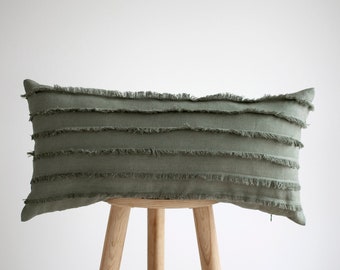 Long green lumbar pillow cover, sage green fringe style pillow for bohemian style bed or sofa decor - handmade