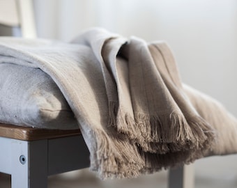 Linen blanket, Natural linen throw, fringed blanket, rough linen homemade blanket or bed scarf with raw edge