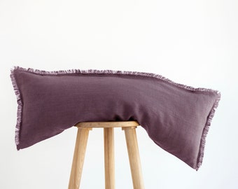 Purple lumbar pillow cover, fringed long lumbar, custom size Lumbar cushion, linen lumbar pillow case