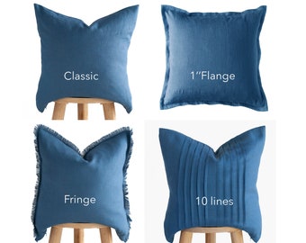 Blue Linen Pillow Cover with Hidden Zipper | Decorative Square Pillowcase | Handmade Ticking Lines Design