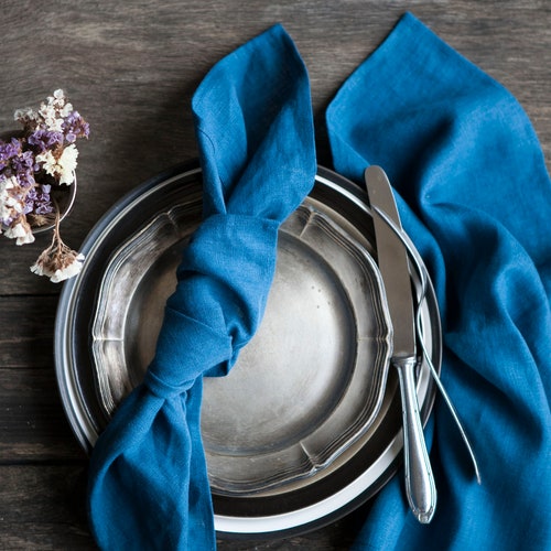 Teal Blue Linen Napkin Set of 8 Cloth Linen Napkins for Etsy