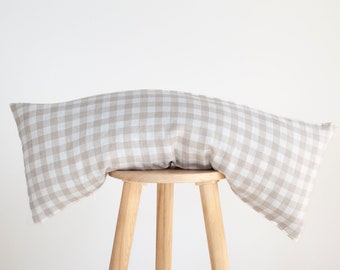 Estilo gingham lumbar largo, funda de almohada de lino a cuadros para decoración del hogar estilo granja, idea de regalo de inauguración de la casa