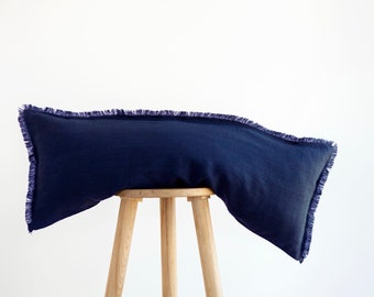 Blue Long lumbar pillowcase, Blue lumbar pillow, fringe style lumbar, dark blue lumbar