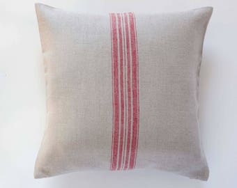 Grain sack pillow cover, pillow covers 18x18, Farmhouse throw pillows, Linen Throw pillows, French farmhouse sack pillow with red lines