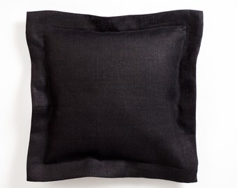 Fodera per cuscino in lino nero: federa decorativa fatta a mano con flangia