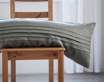Moss green Long lumbar pillow cover, linen pillow, ticking lines pillowcase, custom size pillow, Pillow with decorative lines