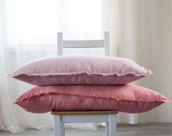 Pink lumbar pillow covers set, Raw edge long lumbar cushion covers may be sewn in custom size. Lumbar pillowcases set of 2