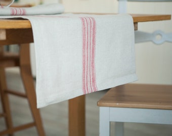 Rough Linen Table Runner: Farmhouse Red Stripe Ticking