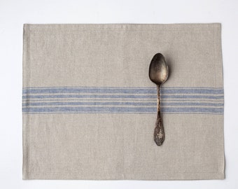 Linen Placemats with Blue Grain Sack Stripe: French Farmhouse Decor, heavy weight linen
