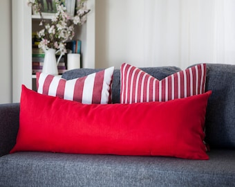 Red Long lumbar pillow cover, red body pillow cover, Bright red lumbar pillowcase, Red linen throw pillow