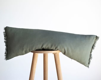 Sage green long lumbar pillow cover, fringed edges style with hidden zipper closure - HANDMADE