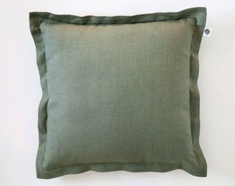 Green pillow cover, green linen throw pillow case, flanged linen euro sham, custom size pillow cover