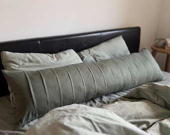 Long Green Lumbar Linen Pillow Cover - Decorative Throw Pillowcase for Sofa, Couch - Eco-Friendly Home Decor