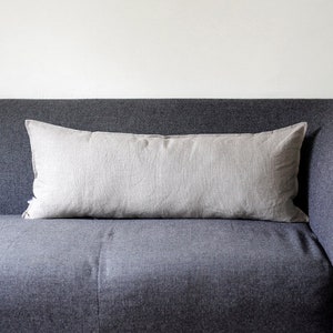 May include: A light gray rectangular pillow on a dark gray couch.