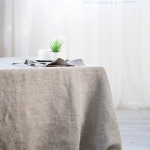 Ticking stripe tablecloth, Natural farmhouse style tablecloth, Linen long tablecloth, softened linen table cloth, rustic linen tablecloth image 3