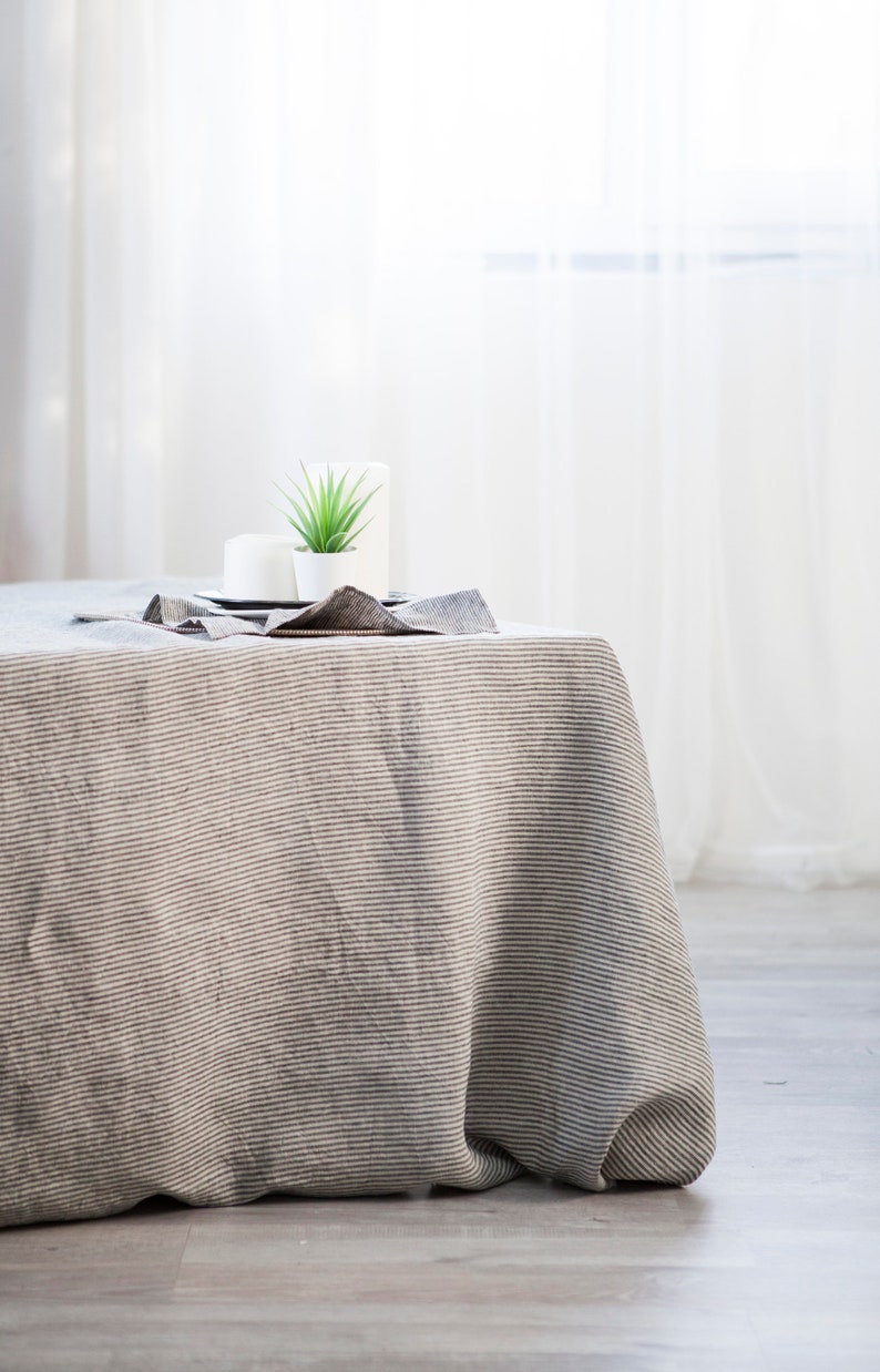 Ticking stripe tablecloth, Natural farmhouse style tablecloth, Linen long tablecloth, softened linen table cloth, rustic linen tablecloth image 3