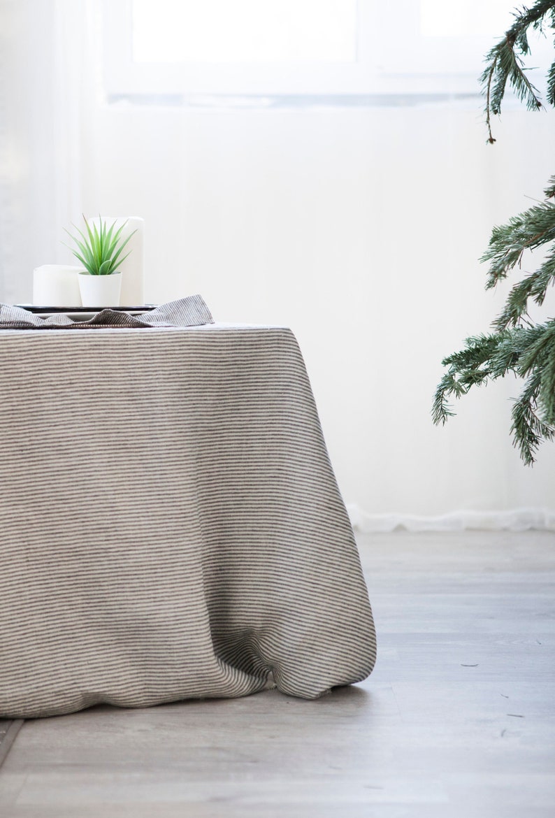 Ticking stripe tablecloth, Natural farmhouse style tablecloth, Linen long tablecloth, softened linen table cloth, rustic linen tablecloth image 2