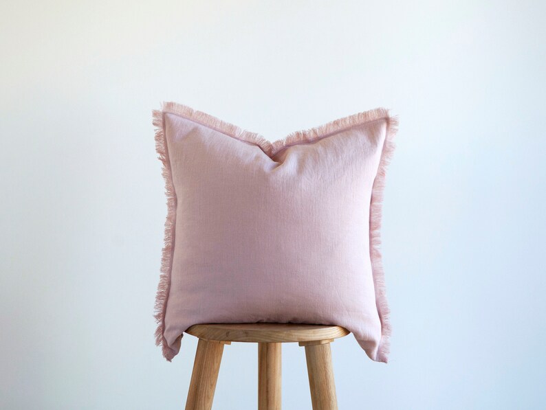 Linen pillowcase with fringe, Softened linen pillow cover with hidden zipper closure, decorative pillow, pink pillow zdjęcie 3