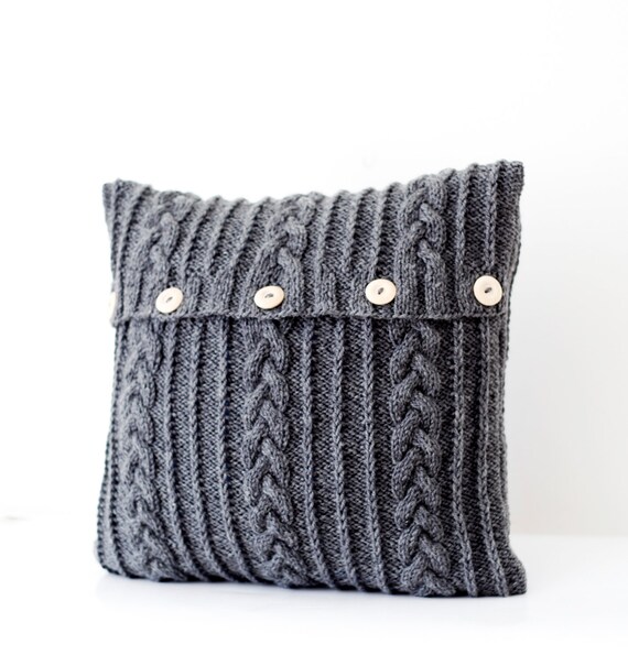 Hand knitted dark gray pillow cover aran design cable knit Etsy