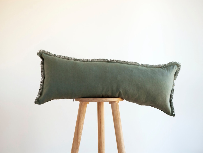 Cojín lumbar verde, almohada lumbar, almohada lumbar con flecos, lumbar largo imagen 2