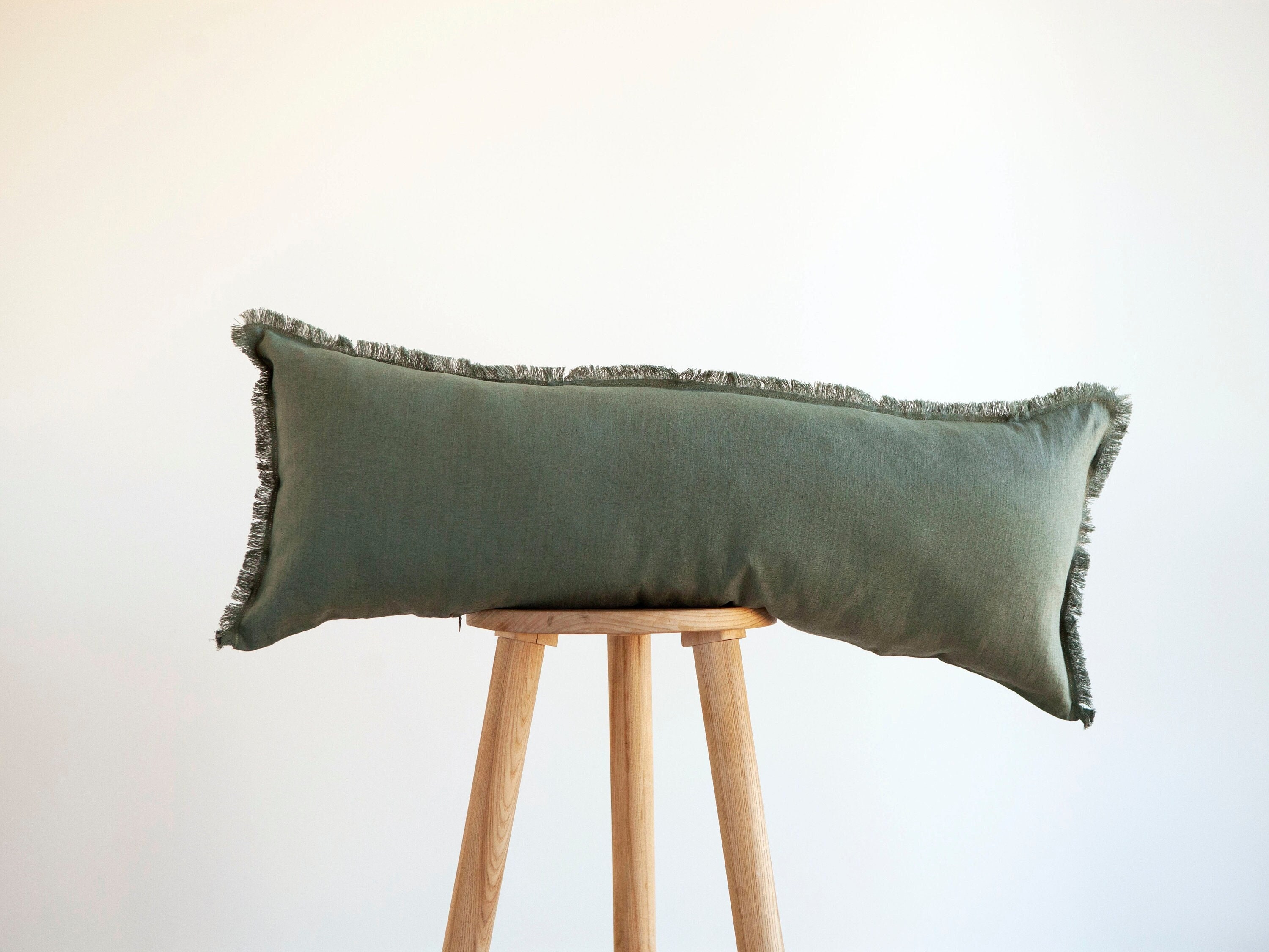 Long Green Lumbar Pillow, Sage Green Lumbar Throw Pillow, Raw Edge