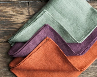 Multi color set of napkins, Cloth linen napkin set of burnt orange green and violet, classic size 18x18 inch