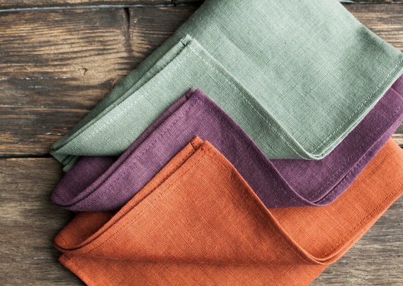 Multi color set of napkins, Cloth linen napkin set of burnt orange green and violet, classic size 18x18 inch image 1